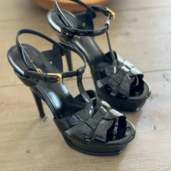 YSL Yves Saint Laurent Tribute Sandals in Black Patent Leather Size 38.5 - Picture 2 of 5